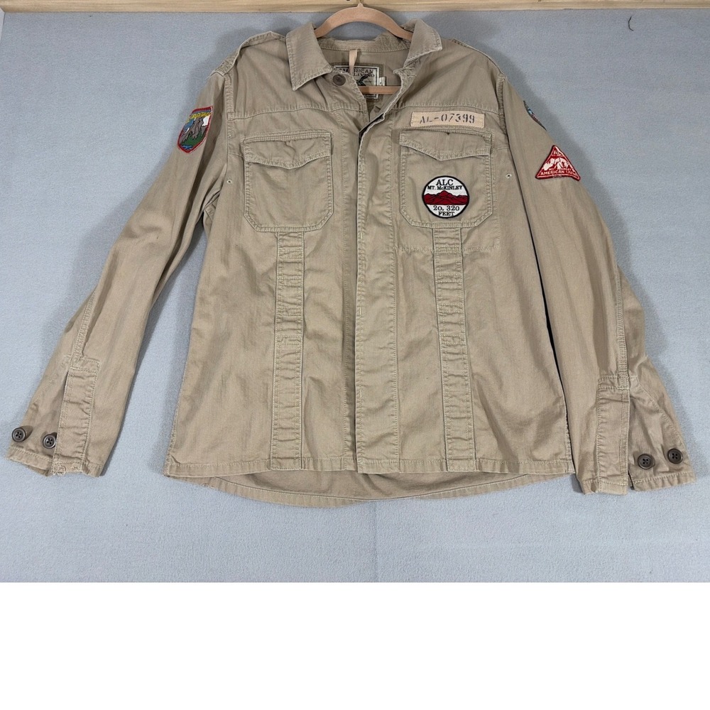American Living Mens Medium Tan Cotton Utility Field Jacket Mt McKinley Patches